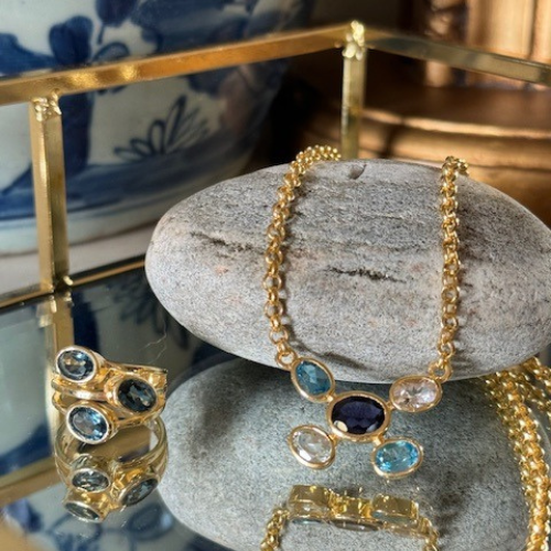 Azure pebble 3 stone ring - gold plated or sterling silver
