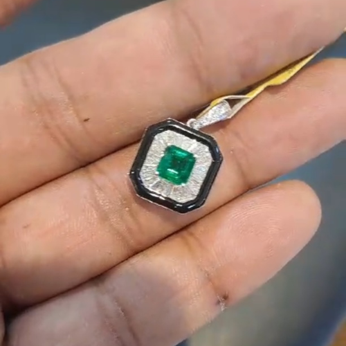 Emerald, diamond and enamel pendant