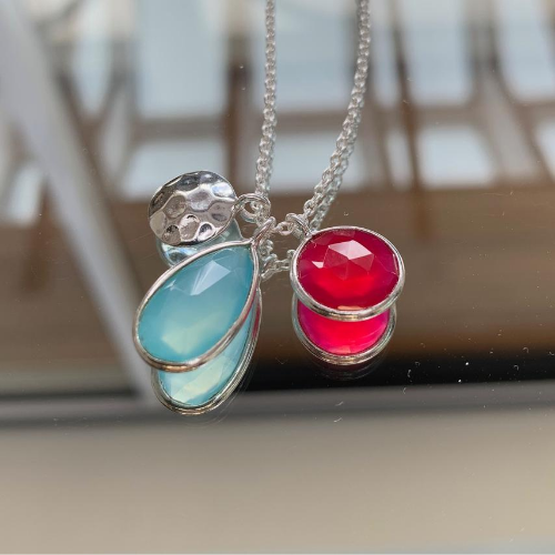 Aqua Chalcedony and Pink Chalcedony Pendant Necklace