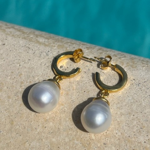 Wave Pendant Earrings - Gold Plated with Pearl