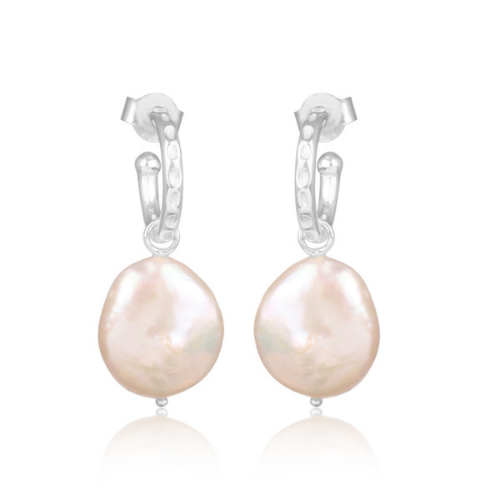 Wave Pendant Earrings - Sterling Silver with Pearl