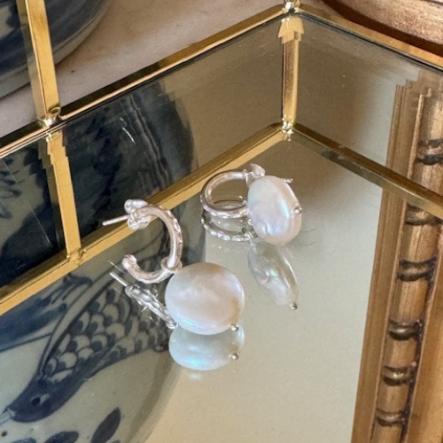 Wave Pendant Earrings with pearl sterling silver
