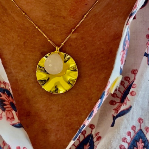 Wave and Stone Pendant Necklace in Vermeil - 3 colours