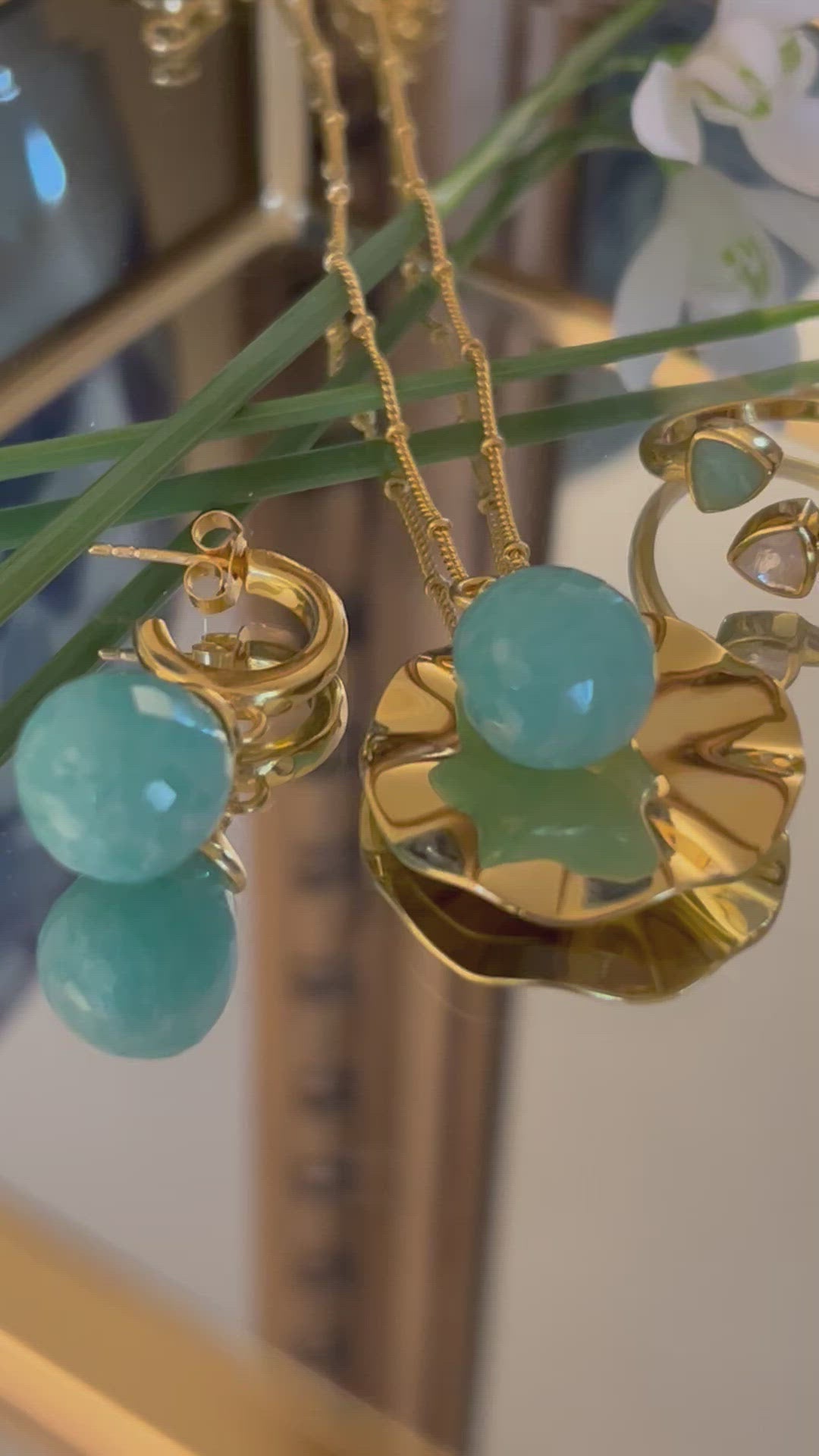 Wave and Stone Pendant Necklace in Vermeil - 3 colours