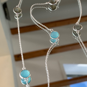 Labradorite and Aqua Chalcedony in Sterling Silver Long Necklace