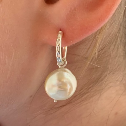 Wave Pendant Earrings - Sterling Silver with Pearl