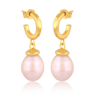Wave Pendant Earrings - Gold Plated with Pearl