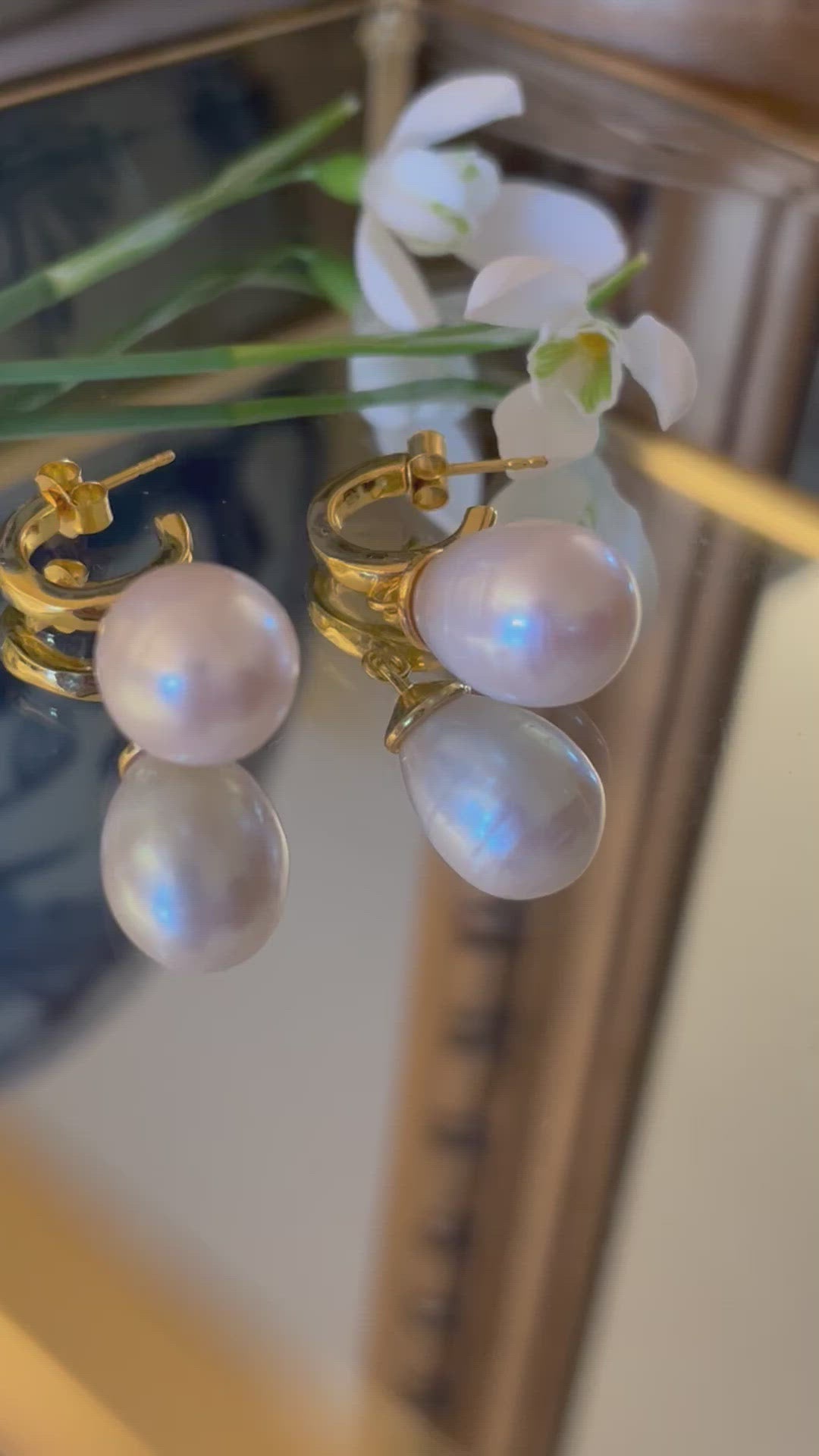 Wave Pendant Earrings - Gold Plated with Pearl